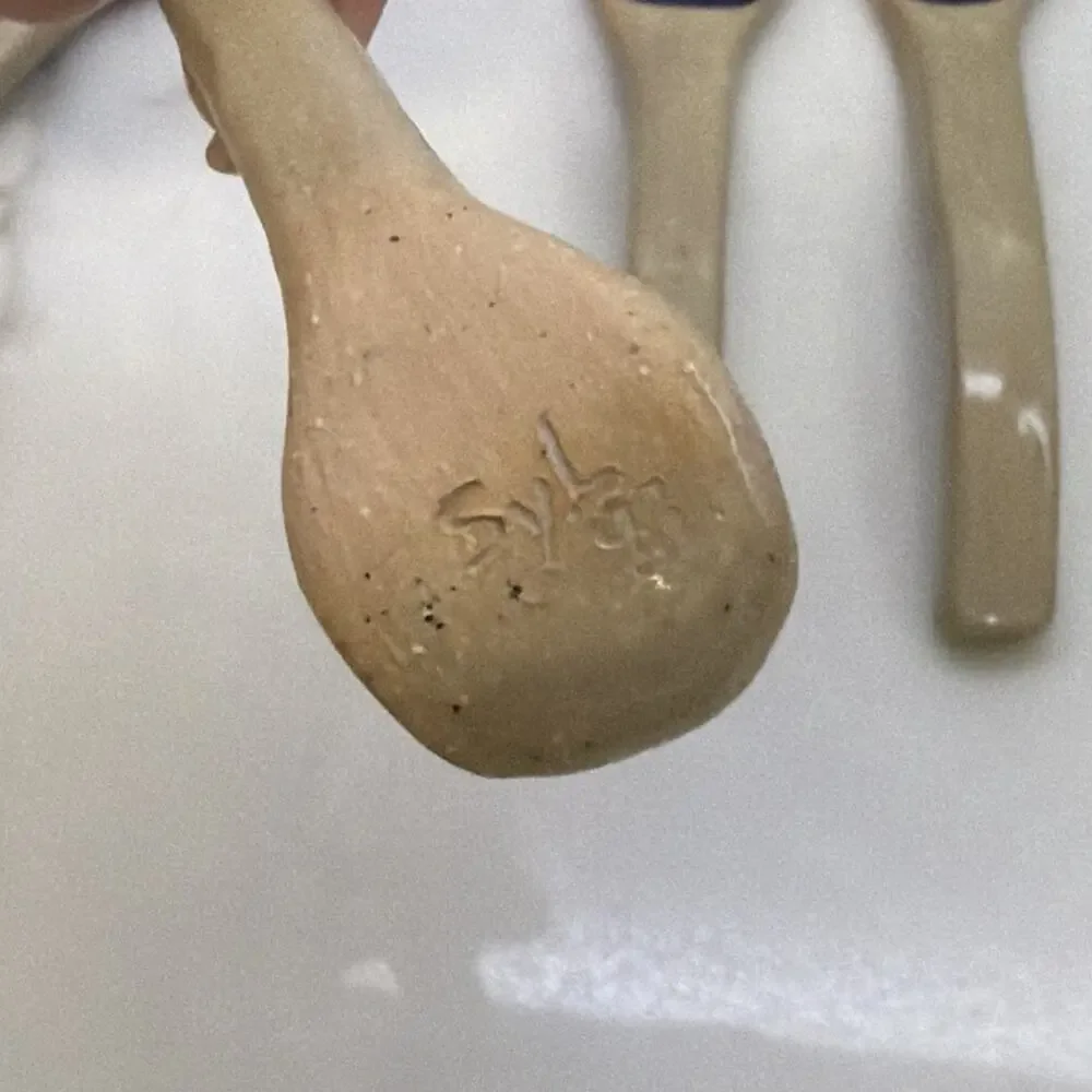 Sylvia Lawson NC Pottery Blue Sgrafitto Small Spoons Signed Pilot Mountain 1993